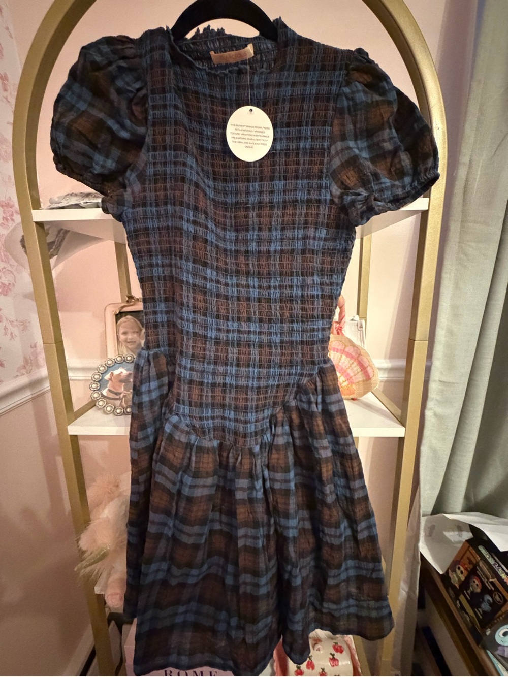 Olivaceous Blue and Brown Plaid Puff-Sleeve Mini Dress